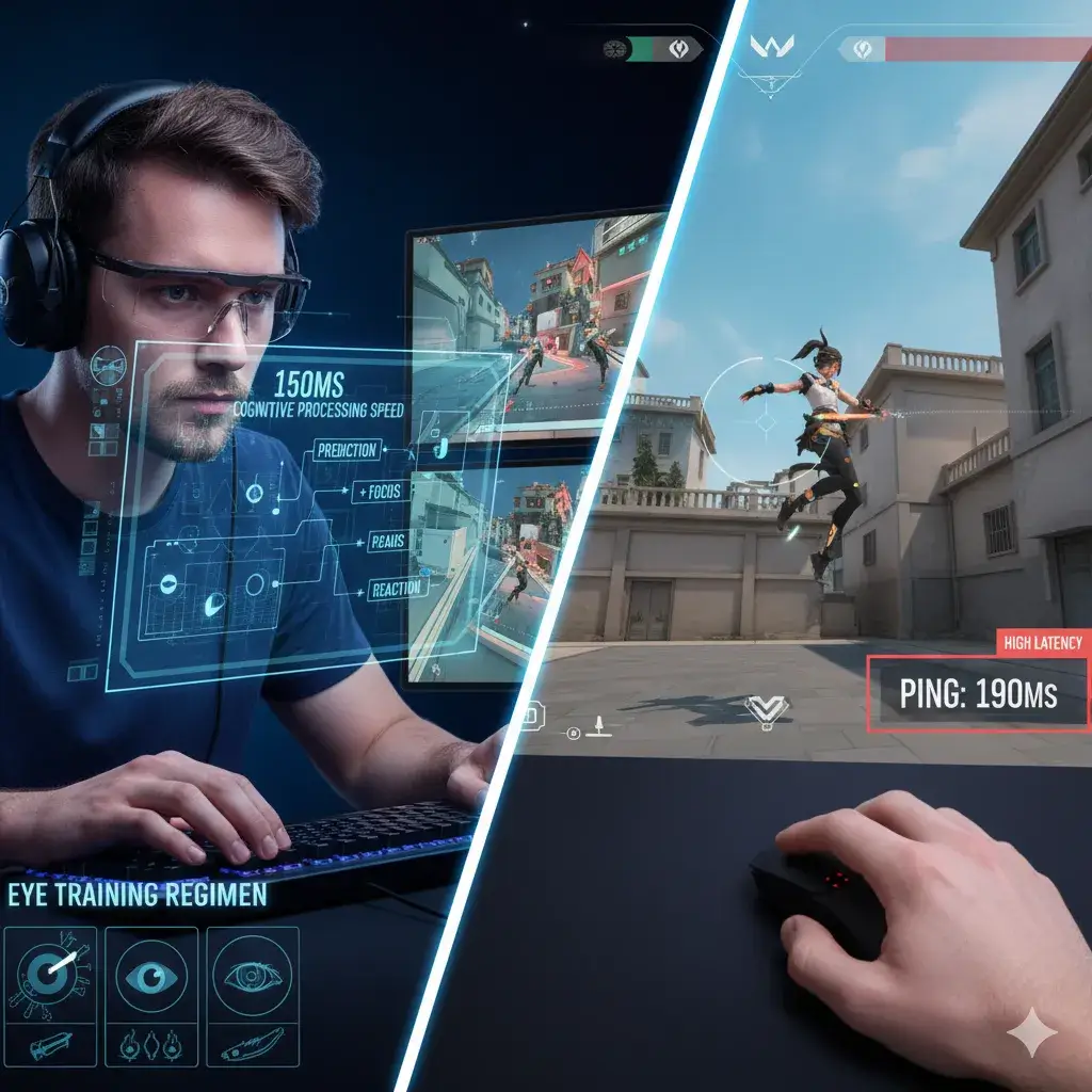 A split image showing a gamer wearing special glasses to reduce eye strain and improve cognitive processing speed on the left, with an overlay indicating '150ms Cognitive Processing Speed' and 'Eye Training Regimen'. On the right, a Valorant game screen shows a 'Victory' banner, implying success achieved through training, with a hand on a gaming mouse.